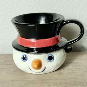 Vtg Hand Painted Snowman‎ Mug/Candle Holder Signed Artisan Studio Ceramic
